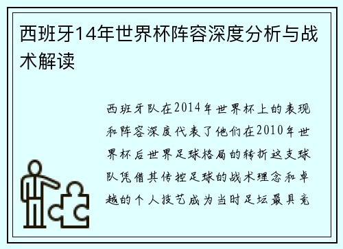 西班牙14年世界杯阵容深度分析与战术解读